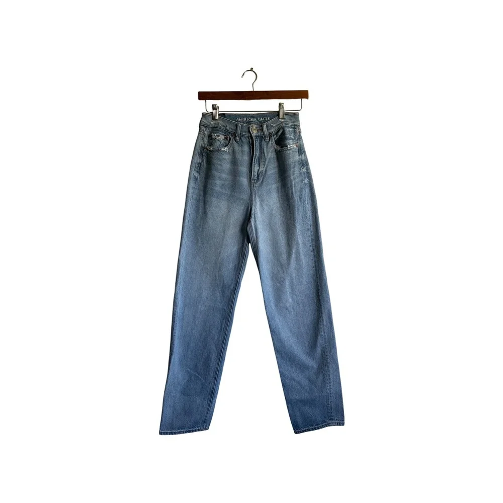 American Eagle Baggy Jeans High Waisted Distressed Denim Light Wash‎ Size 0